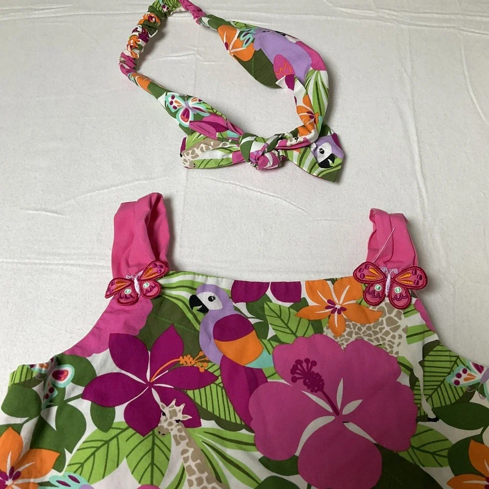 GYMBOREE Girl's Floral Hawaiian Reef Summer Dress Size 7 w/Head Band 532